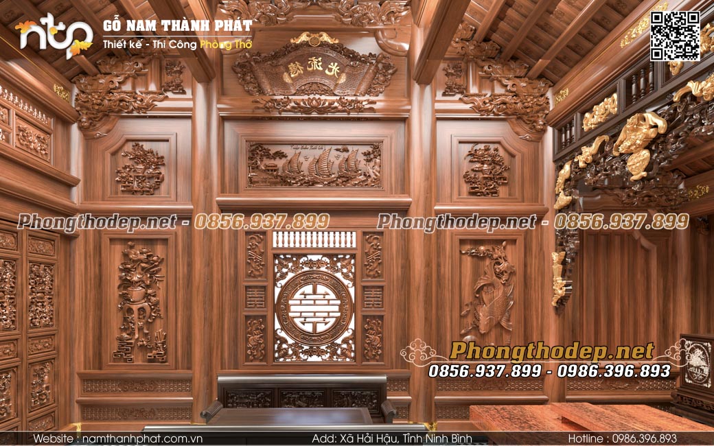 Bố trí hoa văn đa dạng trên vách thuận nhà gỗ 3 gian lim Lào.